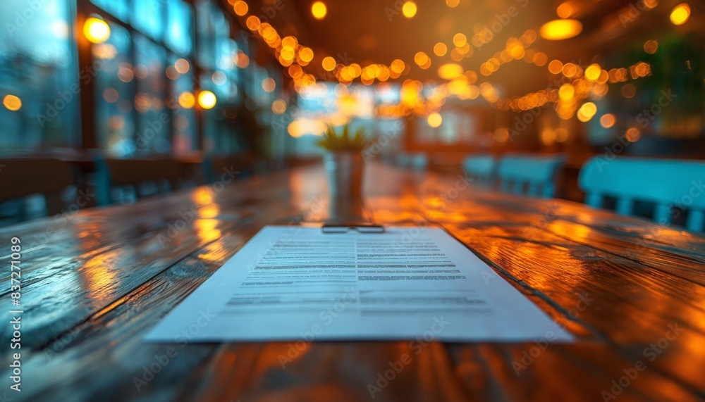 Blurry image of a document on a wooden table Blurry image of a document on a wooden table