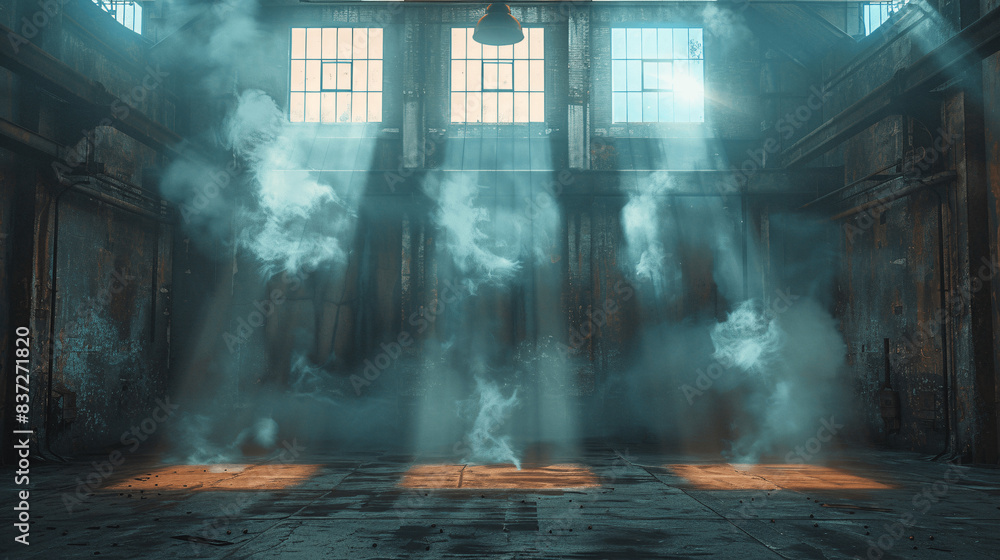 Obraz premium Sunlight Streaming Through Dusty Windows in an Abandoned Industrial Warehouse, Creating a Mystical Atmosphere with Light Beams and Fog