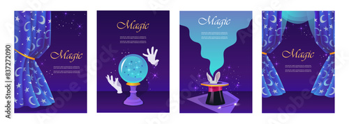 Magic show. Beautiful night curtains. Moon and stars. Blue dark background. Magician's hat. Magic ball. Vector illustration