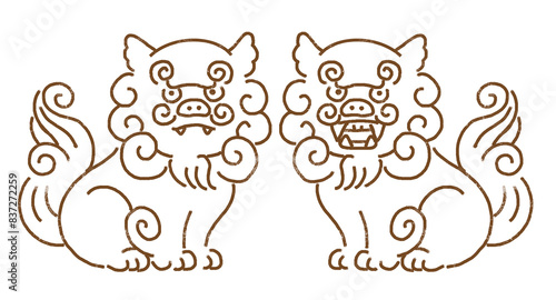 シーサーのかわいいイラスト　線画　モノトーン　沖縄