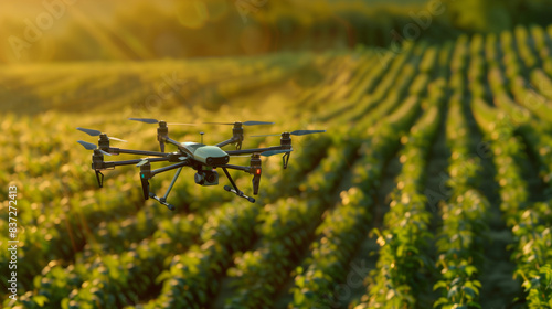 A drone is flying over a field of green plants