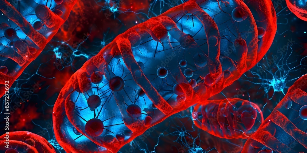 High-resolution microscopic image of mitochondria in cells for medical ...
