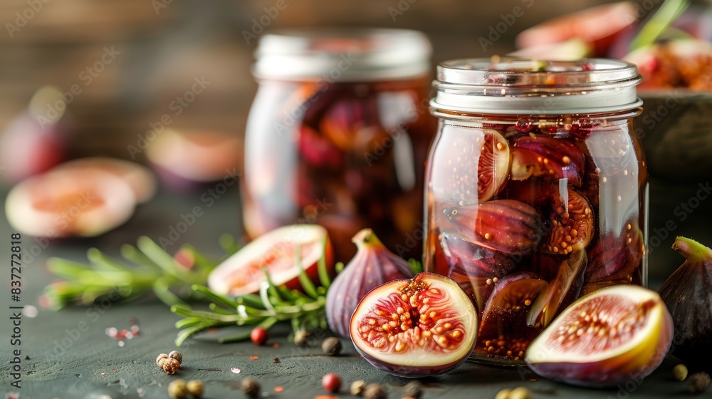 Pickled figs, dark and rich, submerged in spiced syrup, gourmet delicacy, elegant and refined, copy space Pickled figs, dark and rich, submerged in spiced syrup, gourmet delicacy, elegant and refined, copy space