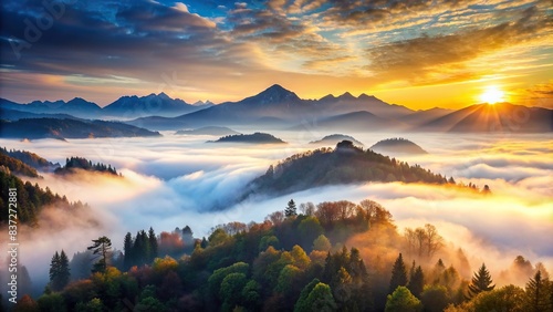 Misty mountains at sunrise with fog in the background , misty, mountains, morning, fog, landing page, banner, sunset, Urals, Alps, Andes, wallpaper