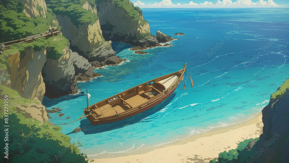 Obraz premium wooden boat on the sandy shore of a beach