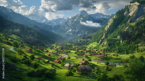 Idyllic village nestled in a green valley  surrounded by majestic mountains. 8k  realistic  full ultra HD  high resolution and cinematic photography