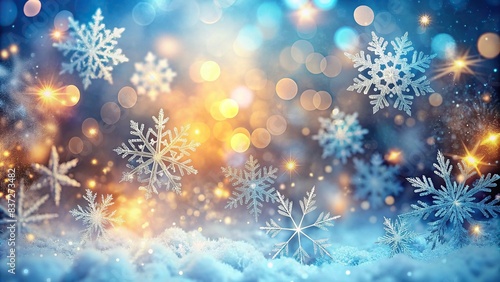 Winter background with snowflakes and bokeh in   snow  winter  background  snowflakes  bokeh  cold  season  festive  holiday  icy  frozen  white  December  Christmas  New Year  scenic