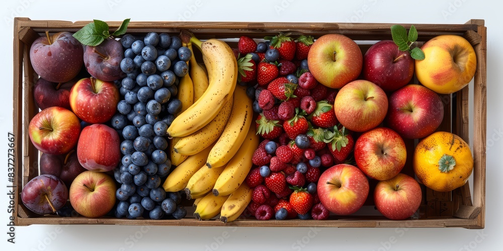 Fresh organic fruits like apples, bananas, and berries in a wooden ...