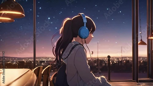 lofi anime girl watching sunset, cosmic sky animation, lofi animation, seamless looping, lofi, ambient animation, anime girl wearing headphones animation, lofi videos, calming videos, 4k