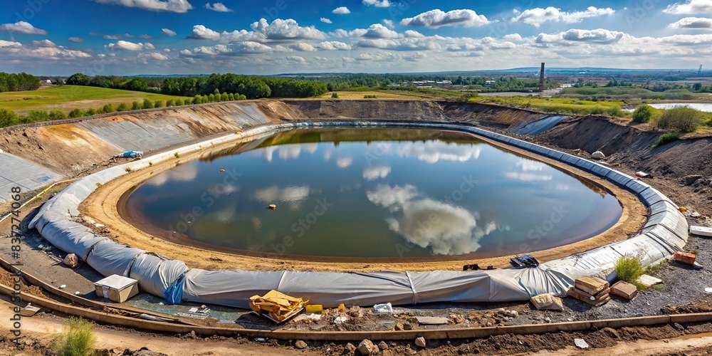 Insulated leachate pond filled with dirty water at a landfill site