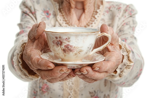 Old woman's raised hand holding cup of hot tea isolated on white background closeup. Beautiful realistic image.
 photo