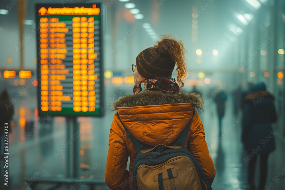 Woman waiting at airport departure board Woman waiting at airport departure board