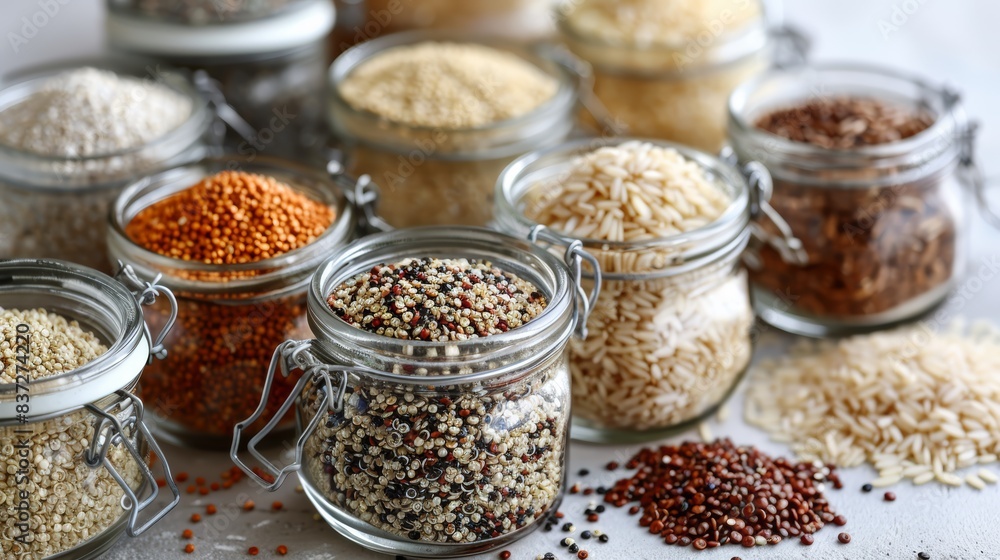 Closeup of organic, nonGMO grains like quinoa, rice, and oats in glass jars, isolated on white background, high detail, healthy food ingredients Closeup of organic, nonGMO grains like quinoa, rice, and oats in glass jars, isolated on white background, high detail, healthy food ingredients