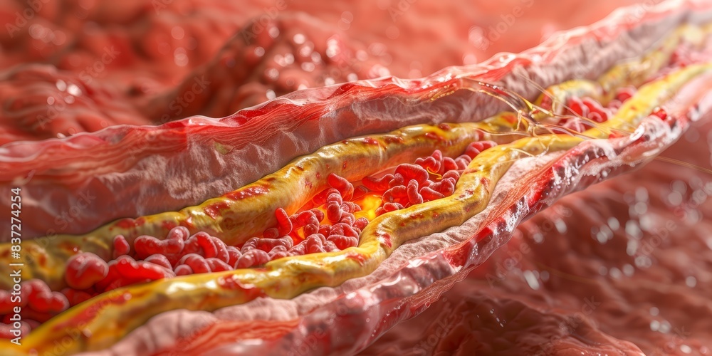 Closeup of fatty deposits inside an artery, causing a blockage, high detail, medical concept, isolated background, educational image Closeup of fatty deposits inside an artery, causing a blockage, high detail, medical concept, isolated background, educational image