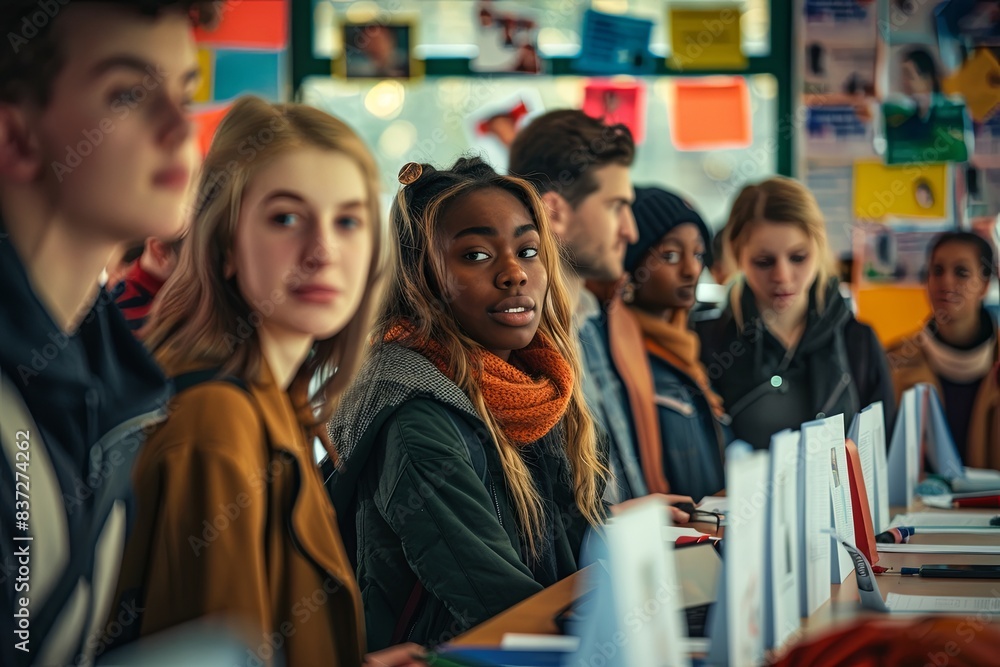 Diverse group of students sitting at a table in a classroom Diverse group of students sitting at a table in a classroom