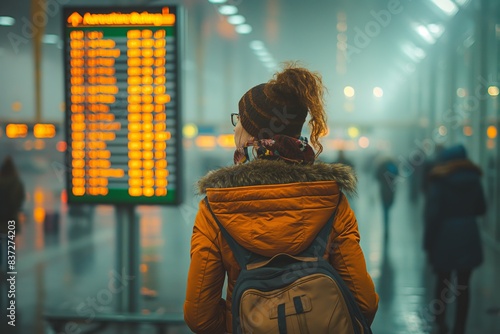 Woman waiting at airport departure board