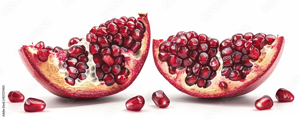 Closeup of a pomegranate cut in half, revealing the juicy red seeds, high detail, isolated on white background, exotic fruit Closeup of a pomegranate cut in half, revealing the juicy red seeds, high detail, isolated on white background, exotic fruit