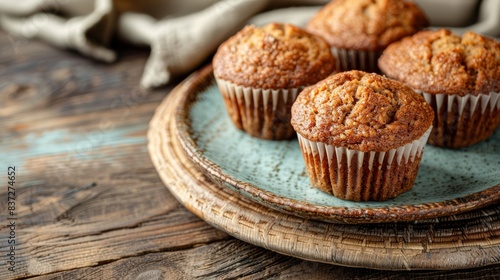 Bran muffins on a plate, baked and high in fiber, cozy and homemade, healthy snack, copy space