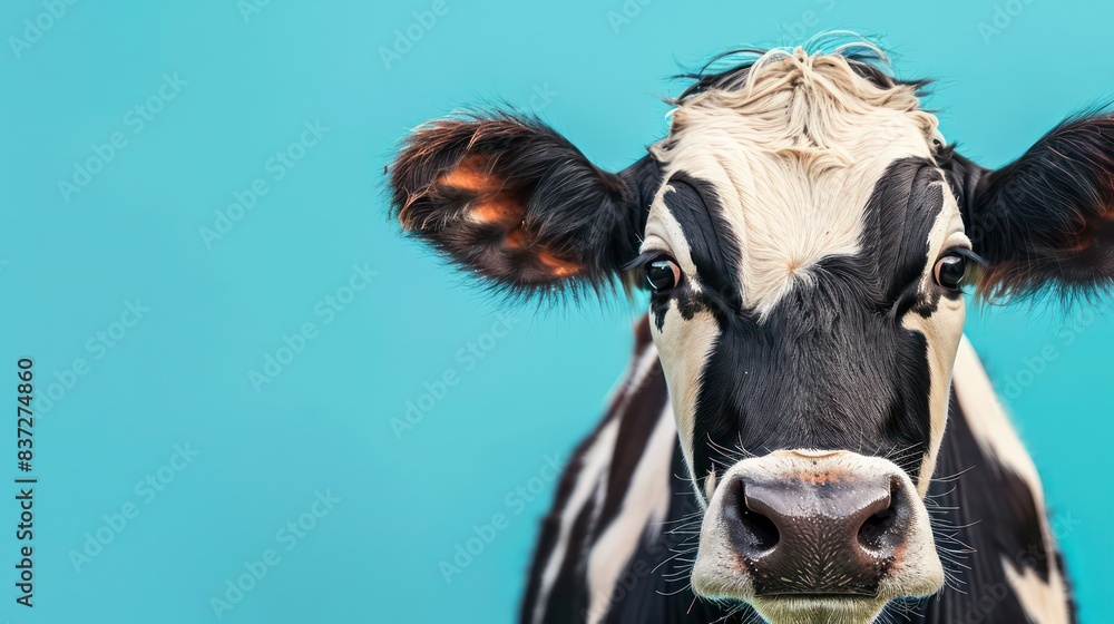Surprised cow peeking from corner on blue background Surprised cow peeking from corner on blue background