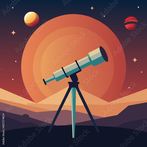 telescope is pointed towards a large red planet with rings, set against a backdrop of smaller celestial bodies