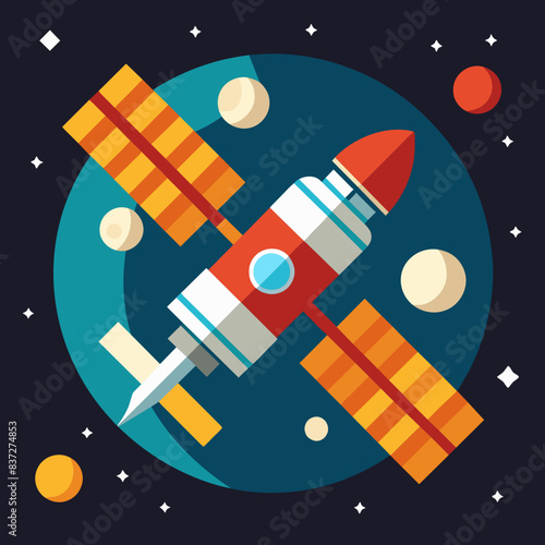 A detailed illustration of a space satellite orbiting Earth with stars in the background