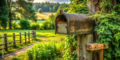 Rustic mailbox on wooden post with greenery surroundings , rural, vintage, outdoors, communication, letter, post, nature, foliage, grass, bushes, countryside, wooden, old-fashioned
