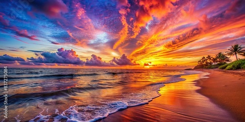 Vibrant sunset on a peaceful beach , sunset, beach, ocean, horizon, evening, tranquil, colorful, serene, wave, sand, sky, dusk, reflection, calm, nature, beauty, scenery, coastline photo