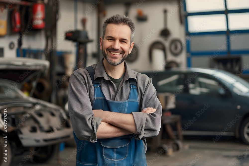 happy car mechanic man at car workshop, portrait car mechanic, german car shop, repair cars happy car mechanic man at car workshop, portrait car mechanic, german car shop, repair cars