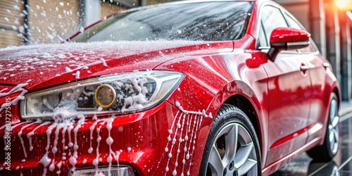 Close up shot of a red car getting professionally washed with shampoo foam and water splashes, showcasing auto detailing service, car wash, professional, red car, shampoo foam © artsakon