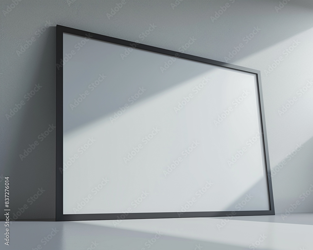 A minimalist architectural design space featuring one large empty white frame with dark borders, spotlighted and angled downwards against A minimalist architectural design space featuring one large empty white frame with dark borders, spotlighted and angled downwards against