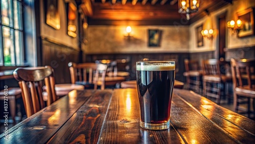 Half full glass of dark beer on a wooden table in a lonely pub , beer, pub, glass, wooden table, dark beer, half full, alcohol, beverage, isolated, empty, interior, atmosphere, nostalgic photo