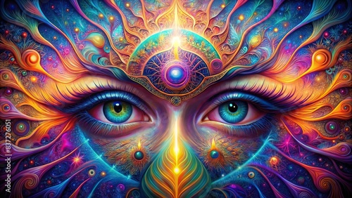 Vibrant digital artwork depicting a technicolor third eye unveiling mystical realms , Third eye, digital art, vibrant, mystical, colorful, surreal, fantasy, futuristic, abstract photo