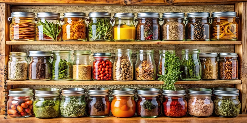 Storage shelf filled with glasses and jars of various ingredients, herbs, and spices , pantry, organized, kitchen, food, cooking, seasoning, culinary, spices, herbs, ingredients, glass jars