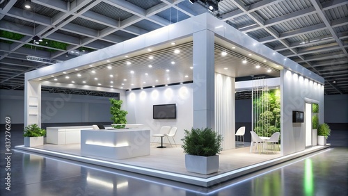 Clean, modern white exhibition booth with intricate details and LED screen , pure, simple, minimalistic, elegant, sleek, pristine, exhibition, trade show, booth, display, showcase photo