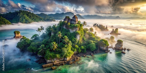 Mysterious island paradise shrouded in dense fog, featuring lush jungles, pristine beaches, and ancient ruins holding untold treasures and mysteries waiting to be uncovered by explorers photo