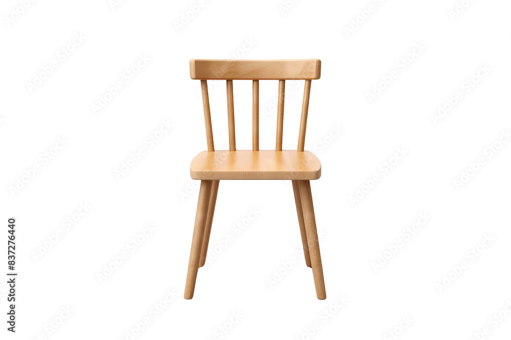 A simple wooden chair with a slatted back and a straight, solid seat. The chair is isolated on a white background. A simple wooden chair with a slatted back and a straight, solid seat. The chair is isolated on a white background.