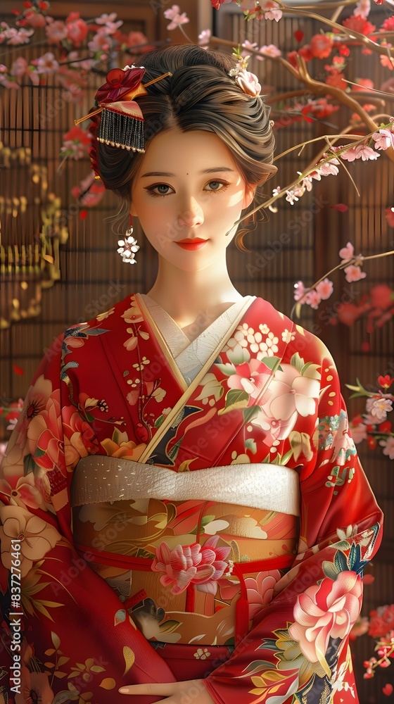 Portrait of a beautiful Japanese woman in a red kimono standing in a garden of cherry blossoms Portrait of a beautiful Japanese woman in a red kimono standing in a garden of cherry blossoms