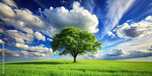 Digital image of a tree on a green field under blue sky and clouds, tree, green, field, sky, clouds, nature, landscape, serene, peaceful, scenic, meadow, grass, outdoors, tranquil © sompong