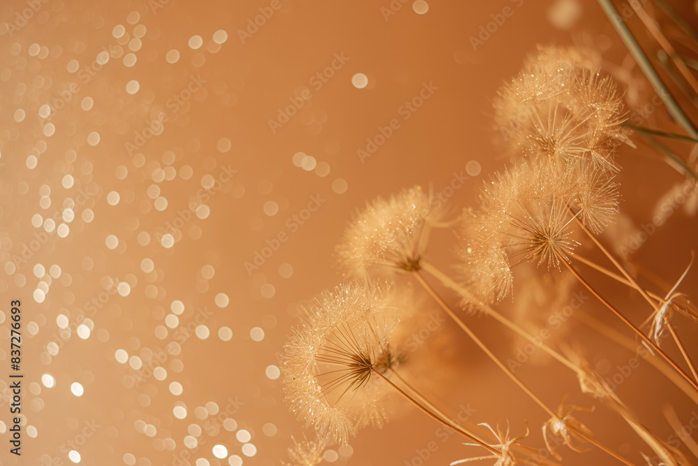 Fototapeta premium An artistic close-up of delicate dandelion flowers with a soft golden glow, set against a bokeh of shimmering lights