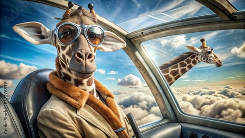 Giraffe pilot wearing aviator goggles and uniform, flying an airplane in the cockpit, giraffe, pilot, cockpit, airplane, flying, aviator, goggles, uniform, sky, adventure, aviation photo