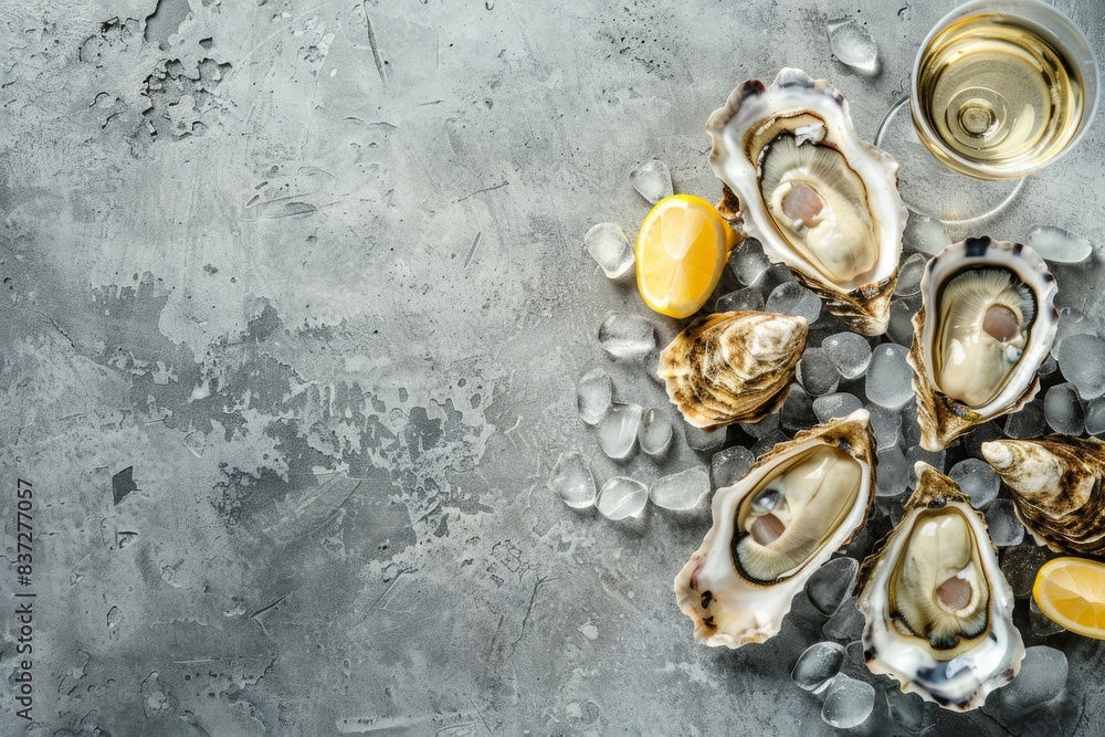 Close-up of half dozen of fresh opened oysters and shells with lemon wedges, two glasses of white wine or champagne, top view, grey rustic concrete background, space for text. Romantic or celebration. Close-up of half dozen of fresh opened oysters and shells with lemon wedges, two glasses of white wine or champagne, top view, grey rustic concrete background, space for text. Romantic or celebration.