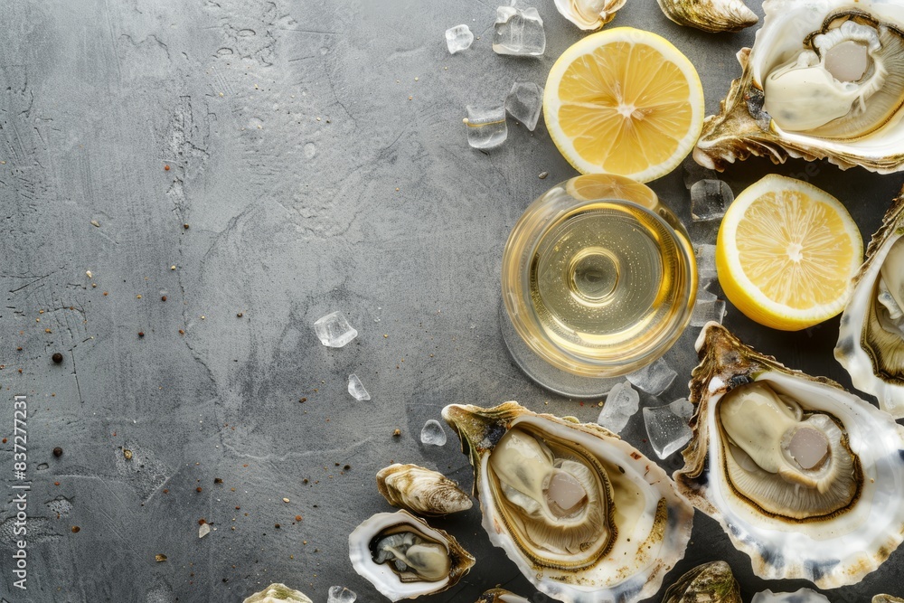 Close-up of half dozen of fresh opened oysters and shells with lemon wedges, two glasses of white wine or champagne, top view, grey rustic concrete background, space for text. Romantic or celebration. Close-up of half dozen of fresh opened oysters and shells with lemon wedges, two glasses of white wine or champagne, top view, grey rustic concrete background, space for text. Romantic or celebration.