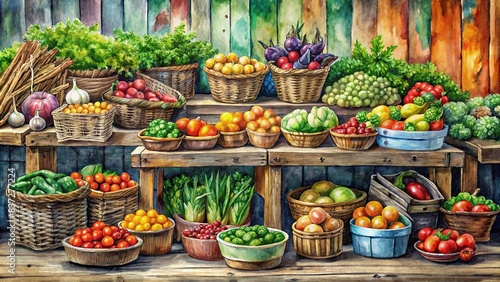 Vibrant watercolor painting of a farmers market stand with fresh organic produce on a rustic wooden background , farmers market, stand, fresh produce, organic, vibrant, watercolor, painting