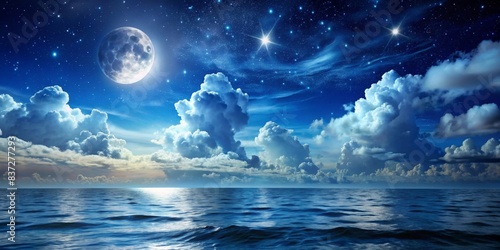 Cloudy night ocean landscape with the Moon and stars, clouds, night, ocean, moon, stars, sky, horizon, peaceful, tranquil, serene, reflective, beauty, darkness, water, nature, celestial © artsakon