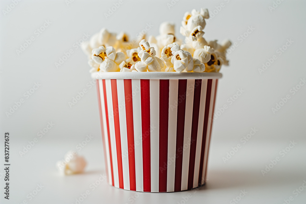Red white striped popcorn bucket with white gray background Red white striped popcorn bucket with white gray background