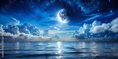 Cloudy night ocean landscape with the Moon and stars  clouds  night  ocean  moon  stars  sky  horizon  peaceful  tranquil  serene  reflective  beauty  darkness  water  nature  celestial