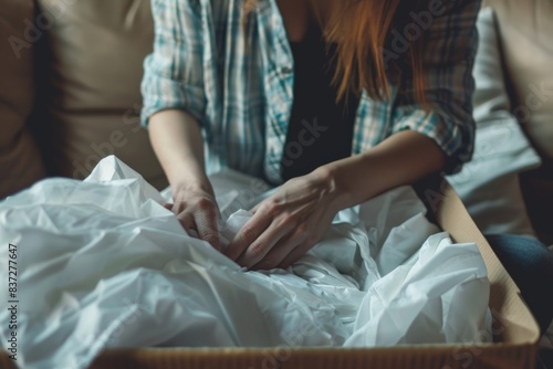 Close-up of hand young woman folding her clothes and packing them in paper box.