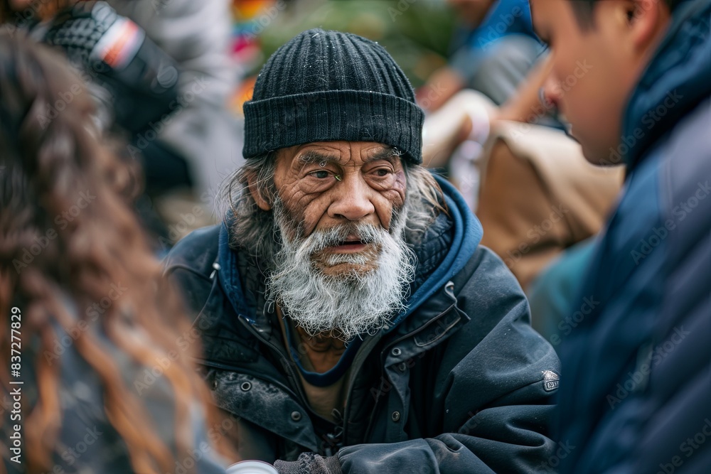 Elderly man with a white beard and knit cap in a crowded outdoor setting Elderly man with a white beard and knit cap in a crowded outdoor setting