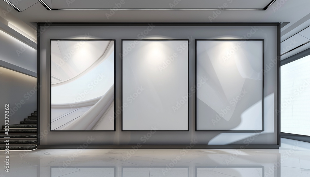 A trio of white frames with dark borders on a wall with a lacquered paint finish in a modern architectural firm, each centrally spotlighted A trio of white frames with dark borders on a wall with a lacquered paint finish in a modern architectural firm, each centrally spotlighted