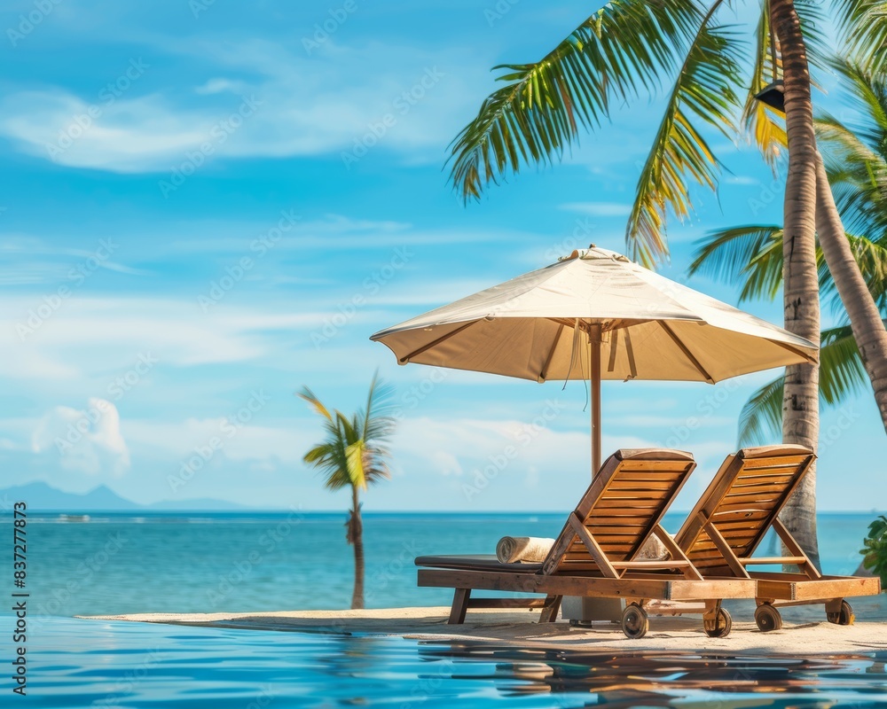 Luxury beach resort pool with palm trees and umbrellas in seaside for relaxing vacation travel Luxury beach resort pool with palm trees and umbrellas in seaside for relaxing vacation travel